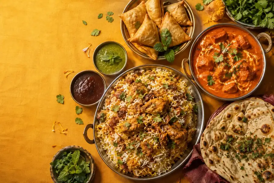 A South Asian celebration feast with biryani, curries and sides